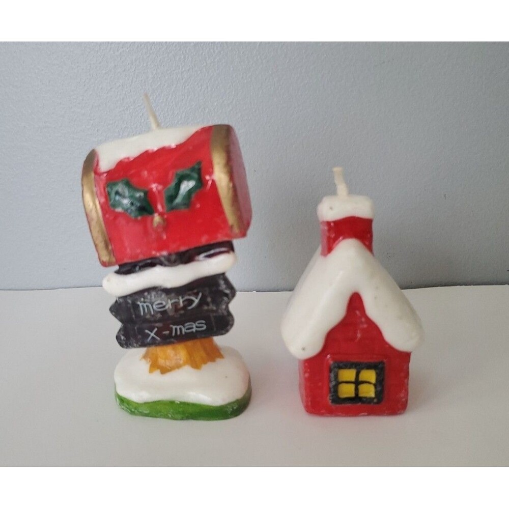 Vintage Set of 2 Christmas Wax Candles Snowy Holiday House & Mail Box Home Decor